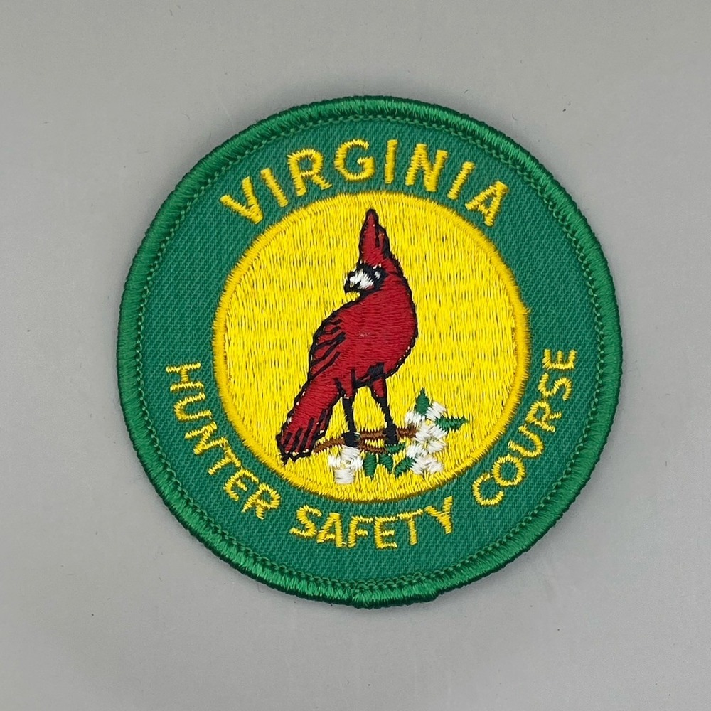 Vintage Round Virginia Hunter Safety Course Patch Green + Gold with Red Cardinal